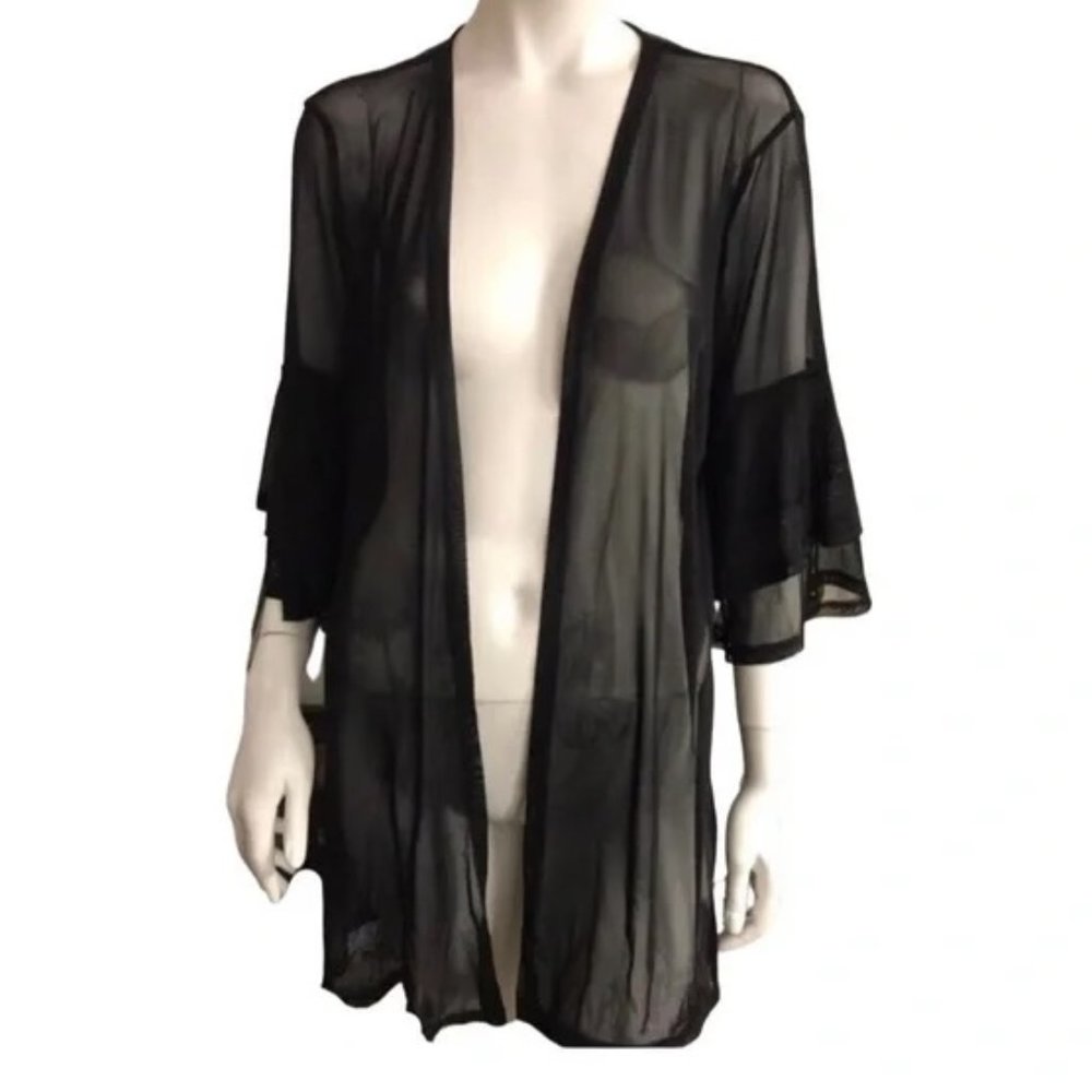 NWT Tough Luv Black Mesh Ruffle Sleeve Duster - Swim Cover Up 1X